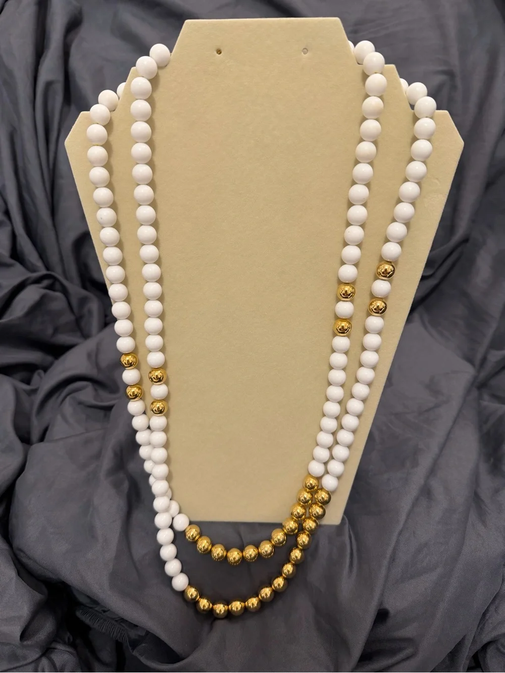 Vintage White and Gold Beaded Layered Necklace - Women’s Fashion Jewelry